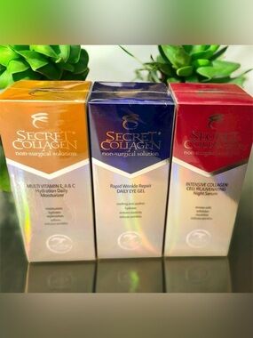 NIB-3 PC Set-Secret Collagen-Daily Moisturizer, Day & Night Eye Serum